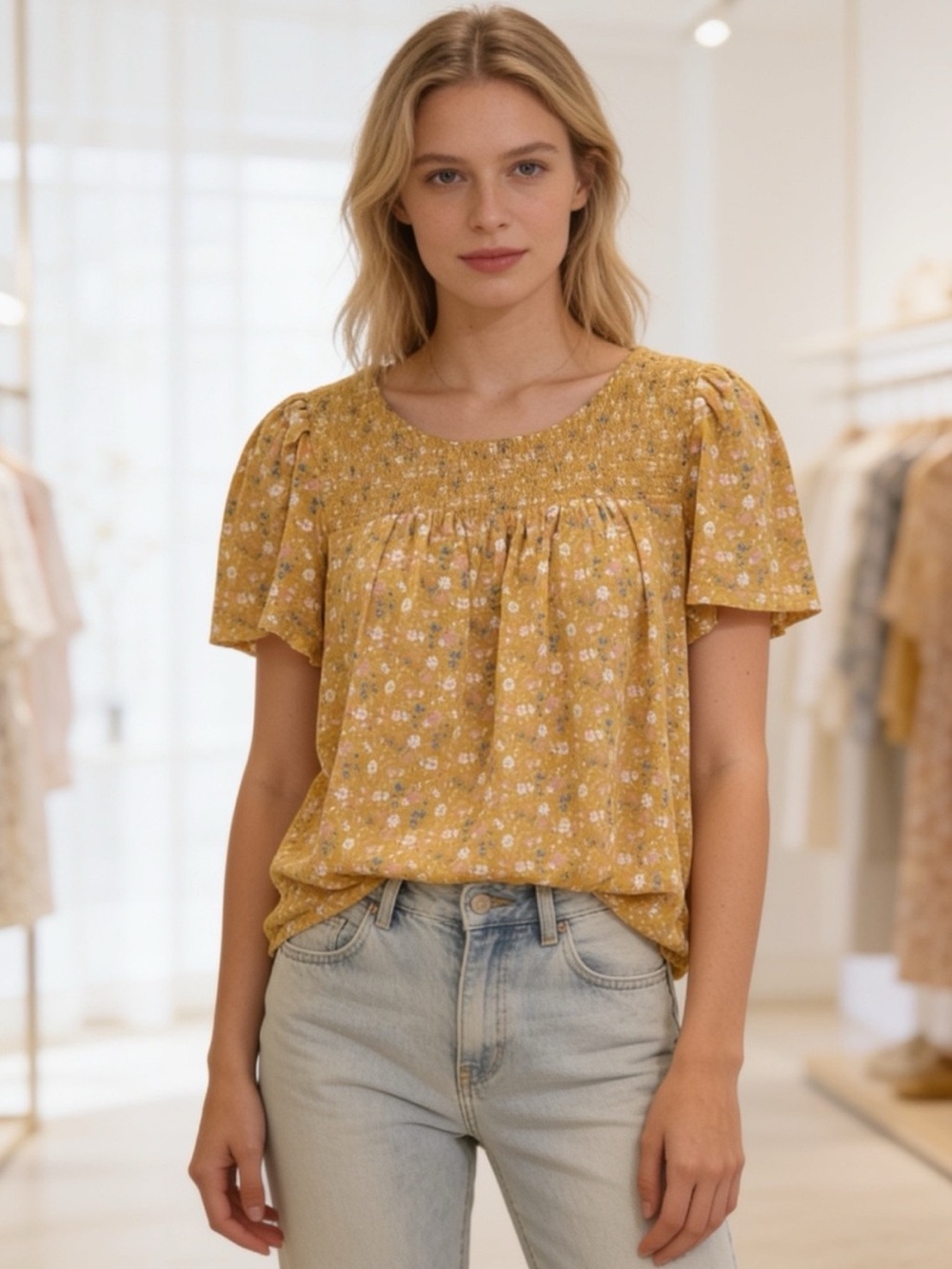 Lucky Brand Mustard Floral Smocked Yoke Flutter Sleeve Boho Peasant Top Small